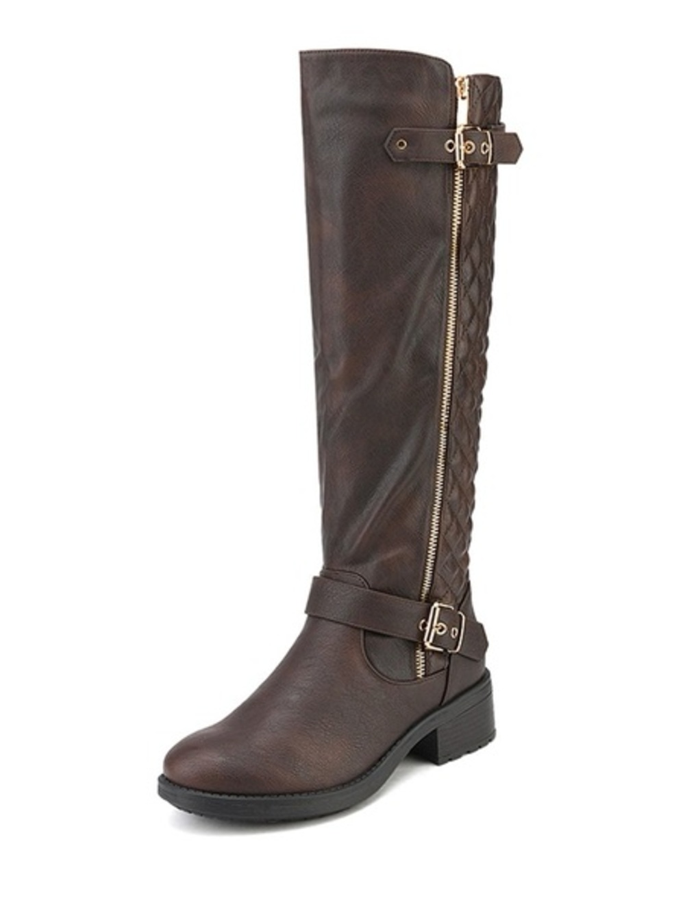 NWT Dream Pairs Tall Brown Riding Boots 8 Side Zipper gold Buckle flat low heel